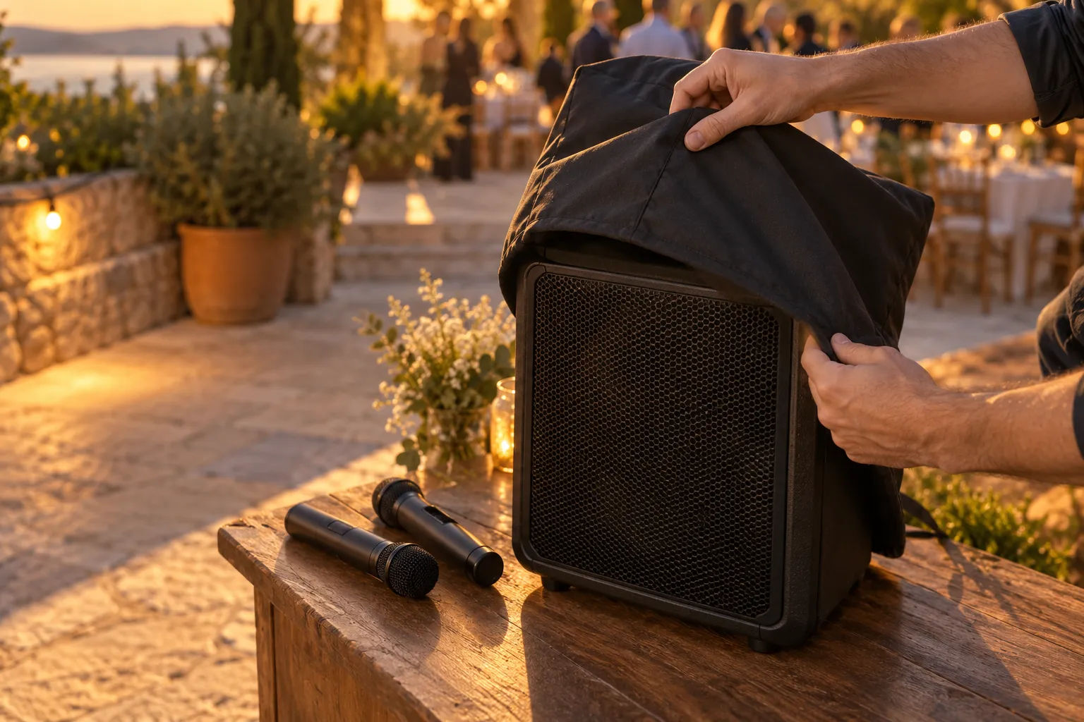 Enceinte portable avec micro intégré découverte sous une housse lors d’un événement en plein air.