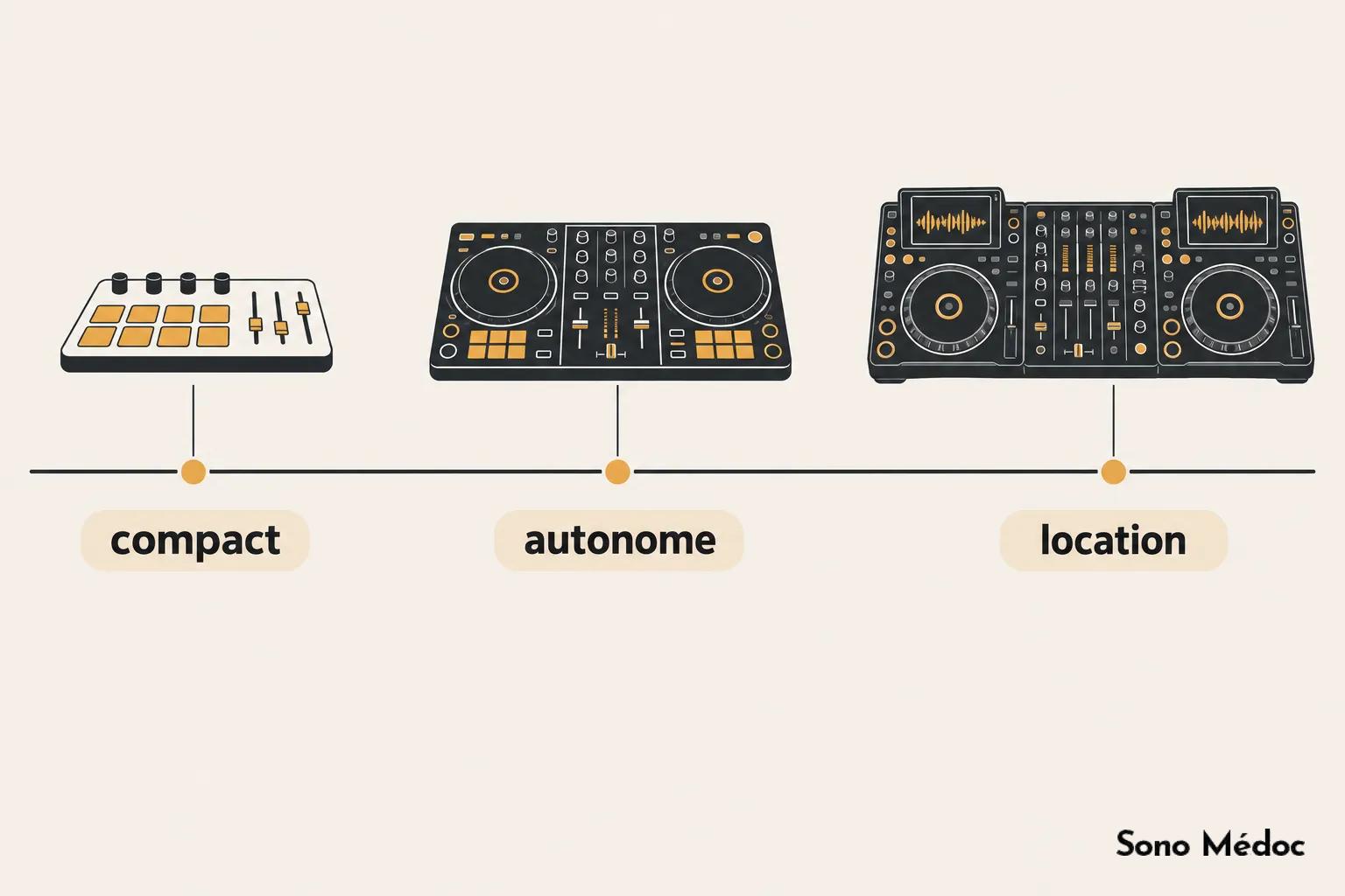 Équipement DJ composé d’un contrôleur compact, puis d’un contrôleur autonome et d’un système de location.
