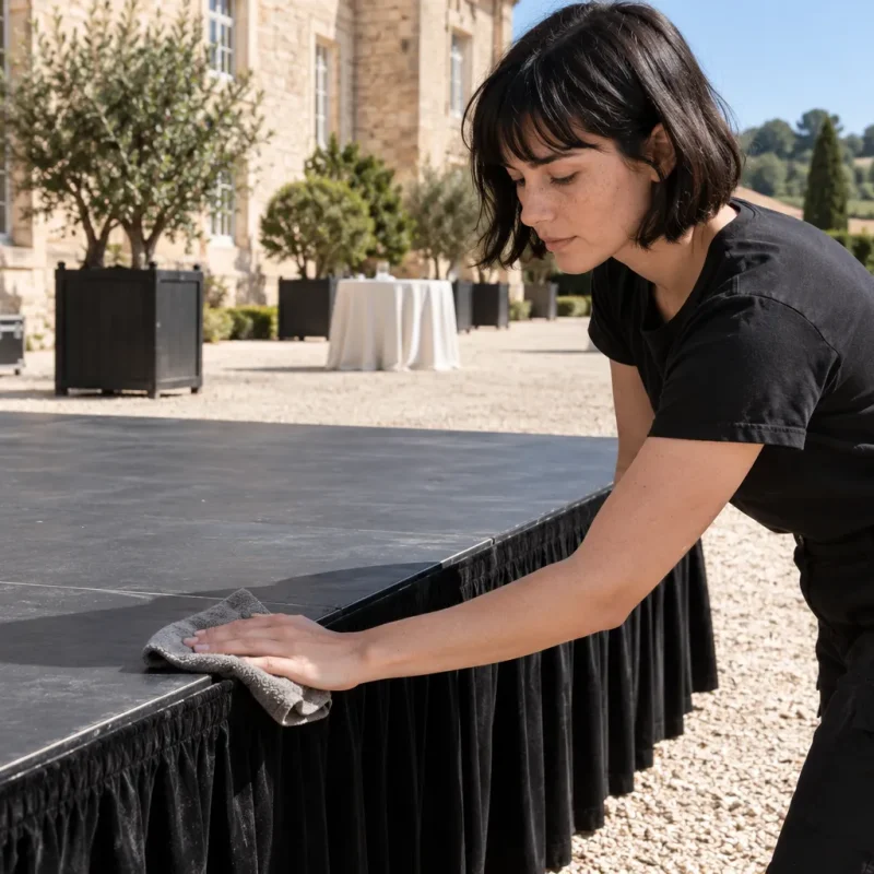 Une femme nettoie le bord d’un praticable noir installé à l’extérieur devant des bâtiments, avec des arbres et des tables en
