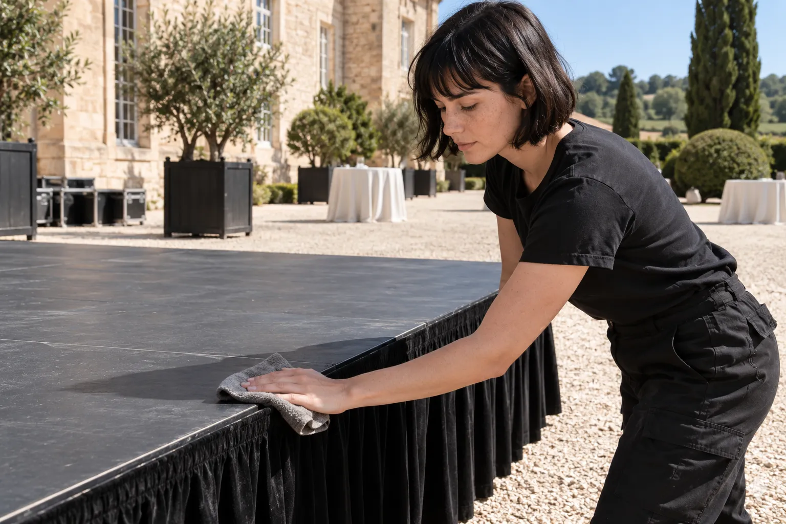 Une femme nettoie le bord d’un praticable noir installé à l’extérieur devant des bâtiments, avec des arbres et des tables en