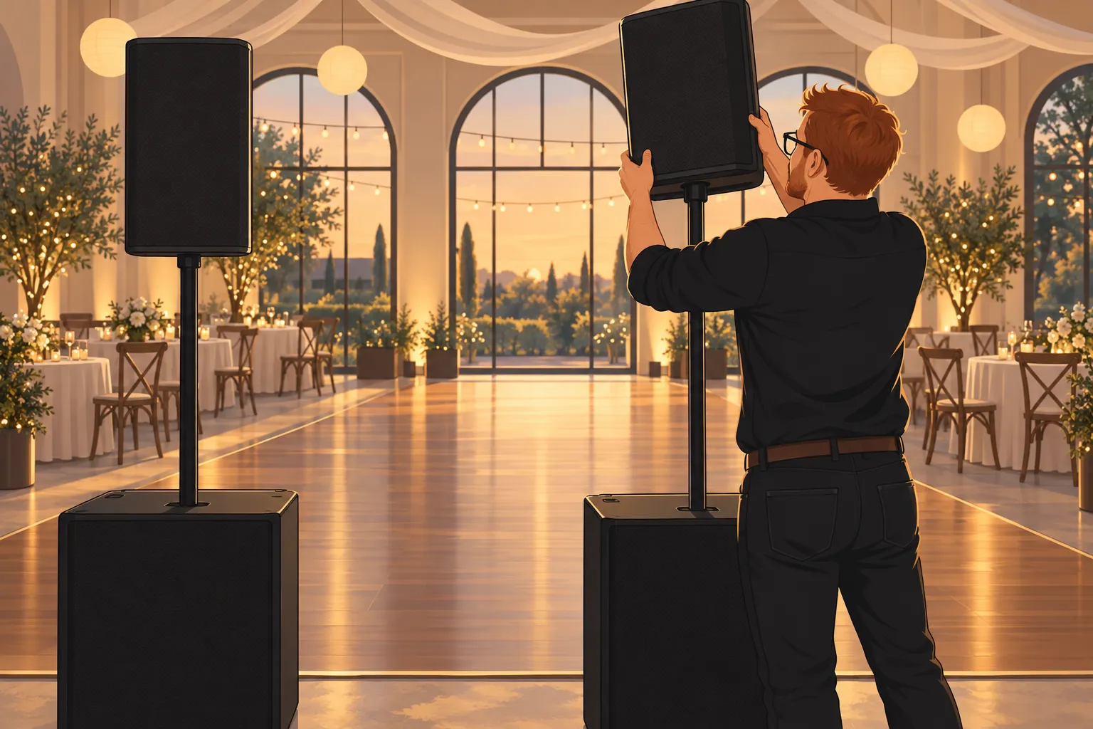 Homme réglant un haut-parleur sur pied dans une salle de banquet éclairée.