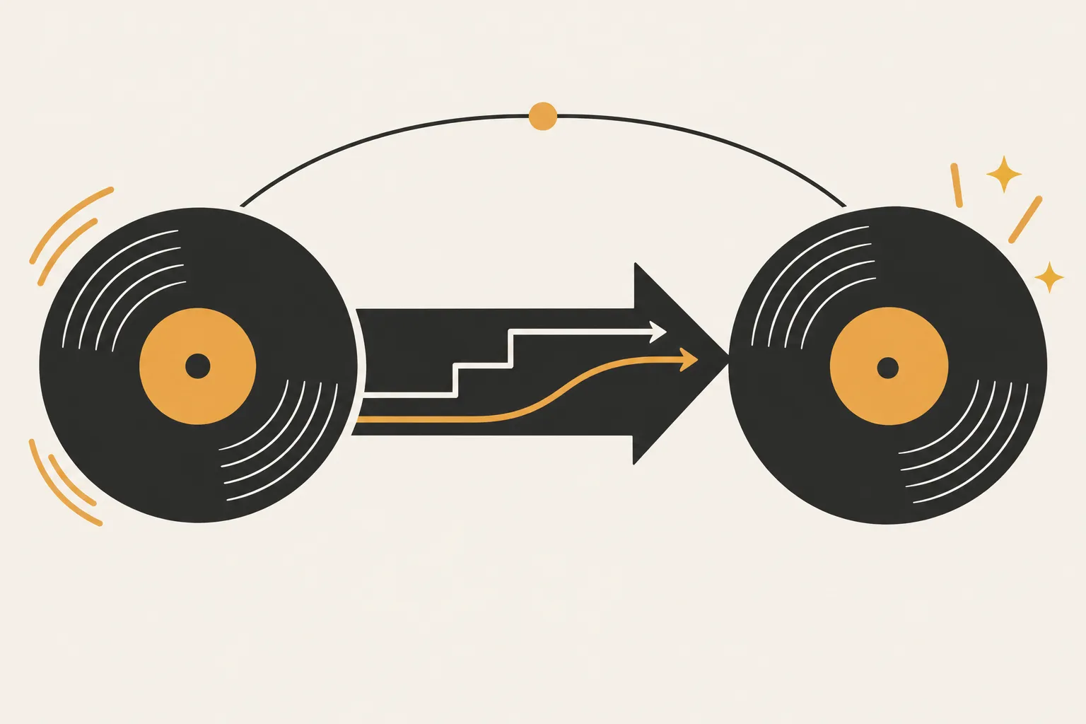 Illustration montrant deux platines vinyles reliées par un chemin en flèche, suggérant une progression entre les disques.