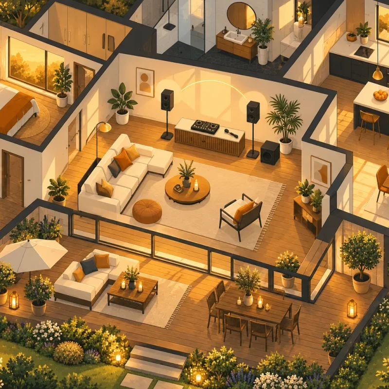 Plan d’intérieur lumineux d’un appartement avec salon, cuisine et chambres meublés, vue aérienne sur le séjour central et