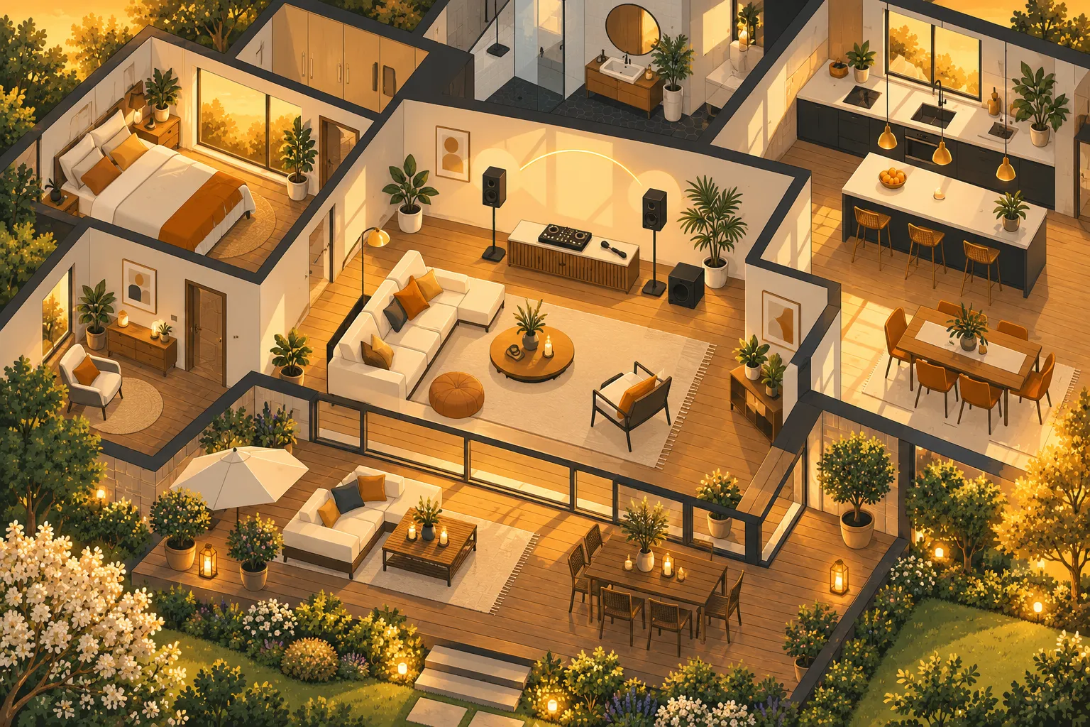 Plan d’intérieur lumineux d’un appartement avec salon, cuisine et chambres meublés, vue aérienne sur le séjour central et