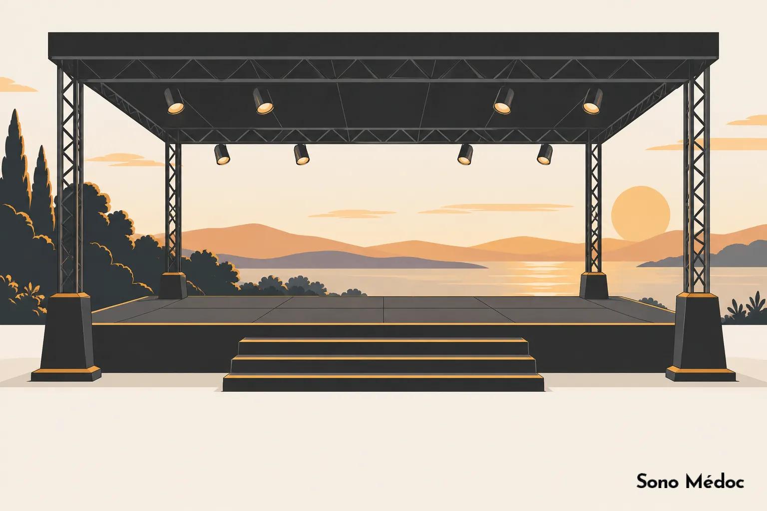 Plate-forme de scène extérieure avec toit et rigging, surmontée de spots lumineux et marches centrales au paysage sunset.