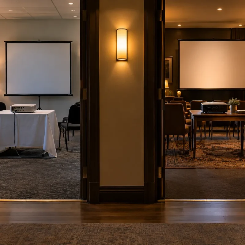 Salle de projection et salle de réunion éclairées, vues à travers une porte ouverte.