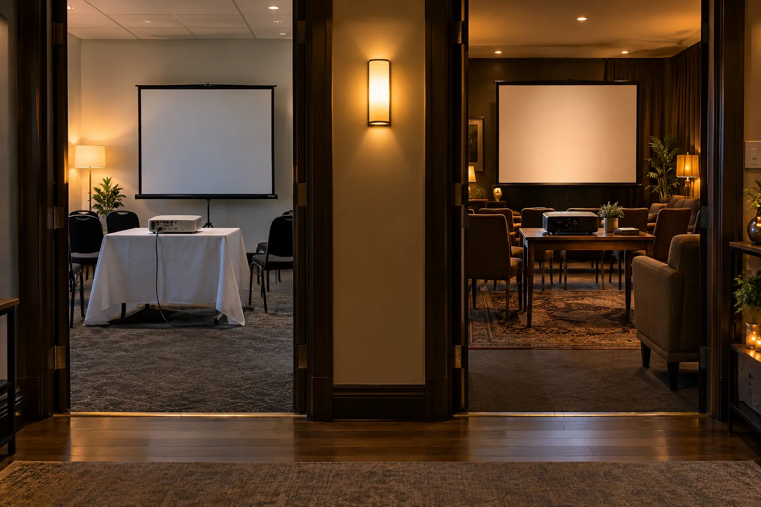 Salle de projection et salle de réunion éclairées, vues à travers une porte ouverte.