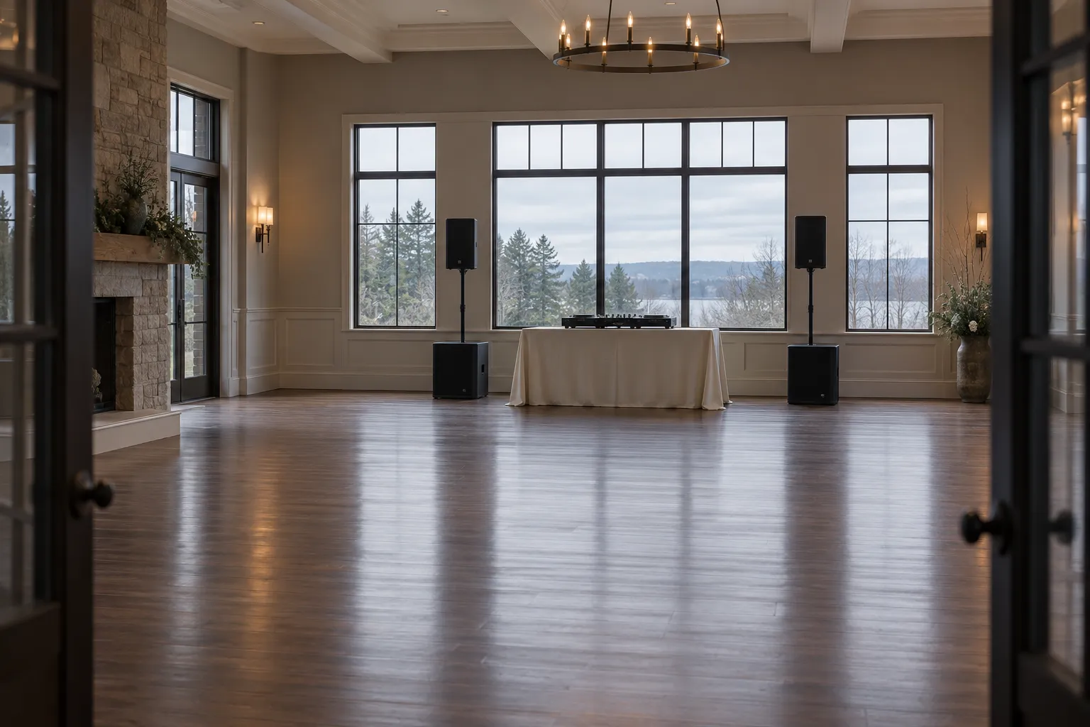 Salle de réception vide avec système de sonorisation et DJ set discret sur la table au fond.