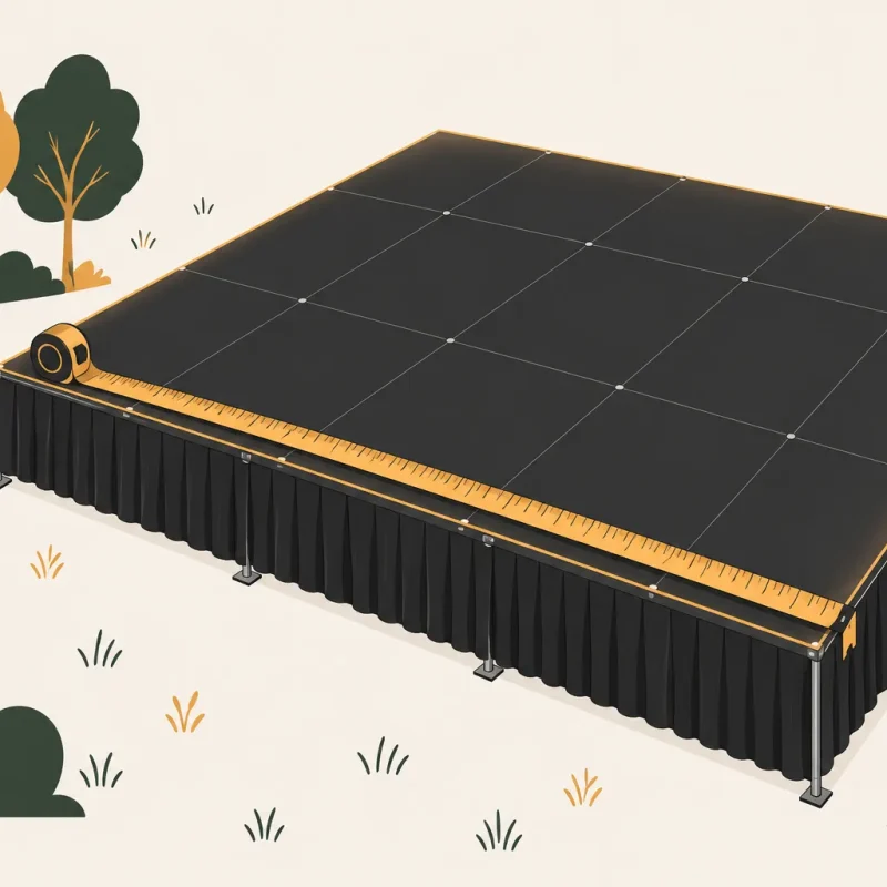 Une scène mobile surélevée rectangulaire avec surface noire, installations et marchepieds, entourée d’arbres et d’un fanion