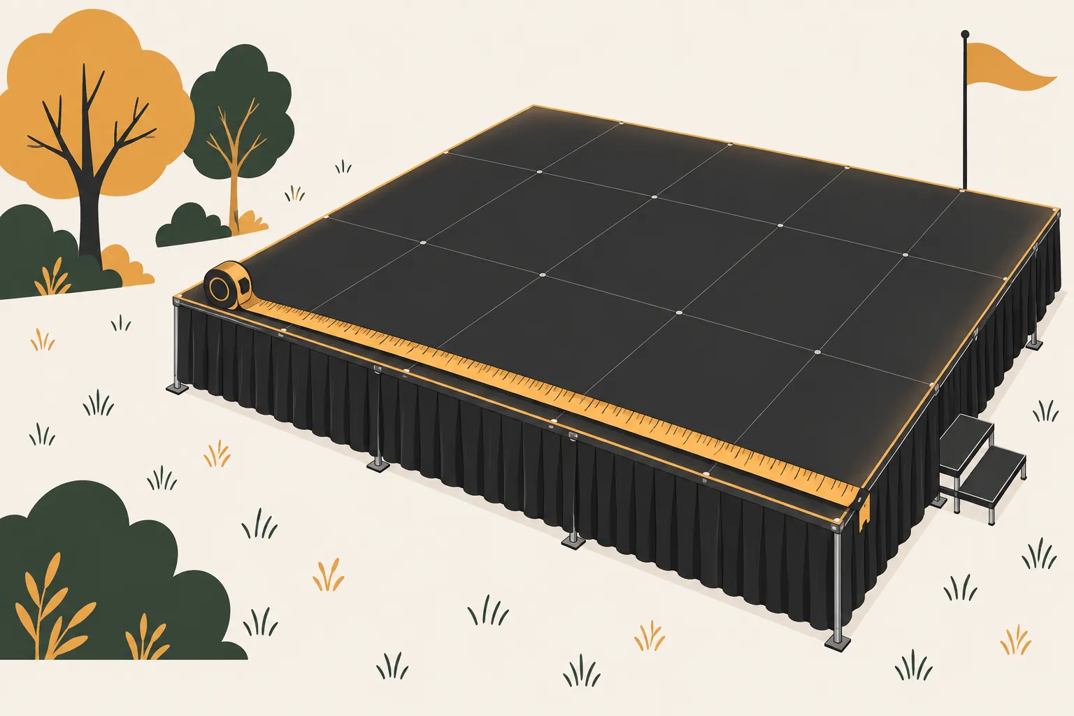 Une scène mobile surélevée rectangulaire avec surface noire, installations et marchepieds, entourée d’arbres et d’un fanion