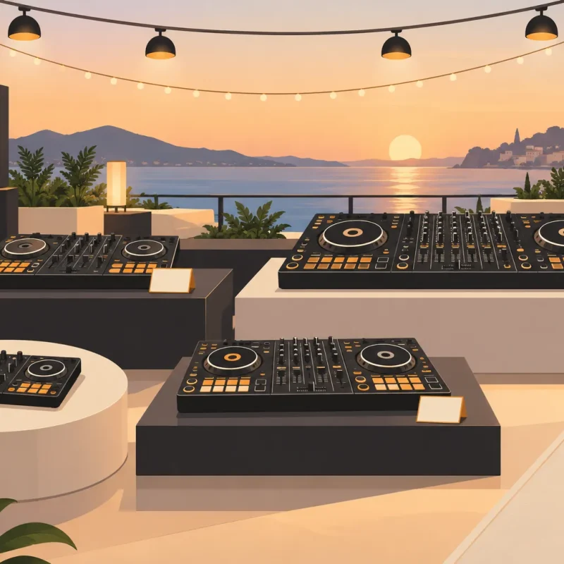 Système de DJ autonome avec plusieurs platines et mixeurs posés sur des podiums en extérieur, en ambiance coucher de soleil.