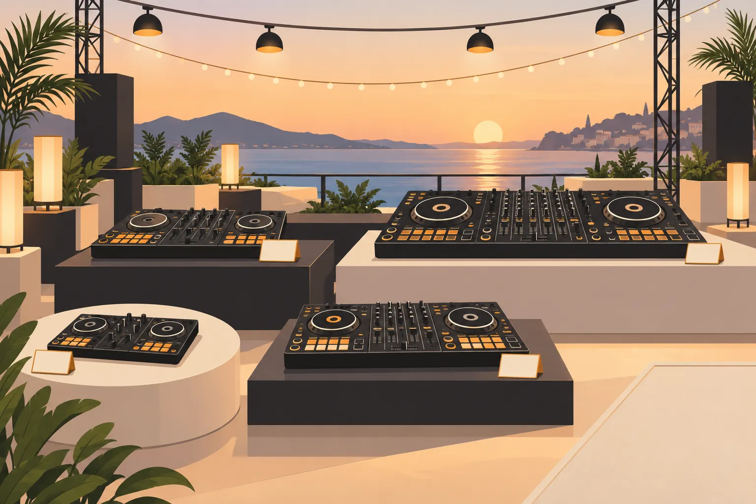 Système de DJ autonome avec plusieurs platines et mixeurs posés sur des podiums en extérieur, en ambiance coucher de soleil.