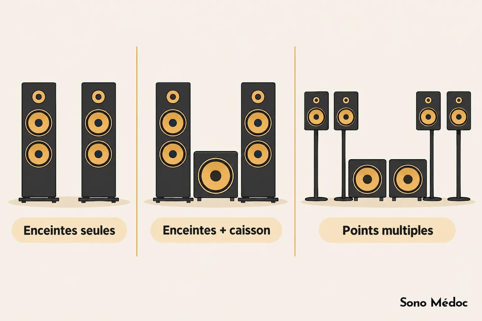 Trois configurations de sono: enceintes seules, enceintes avec caisson et points multiples.